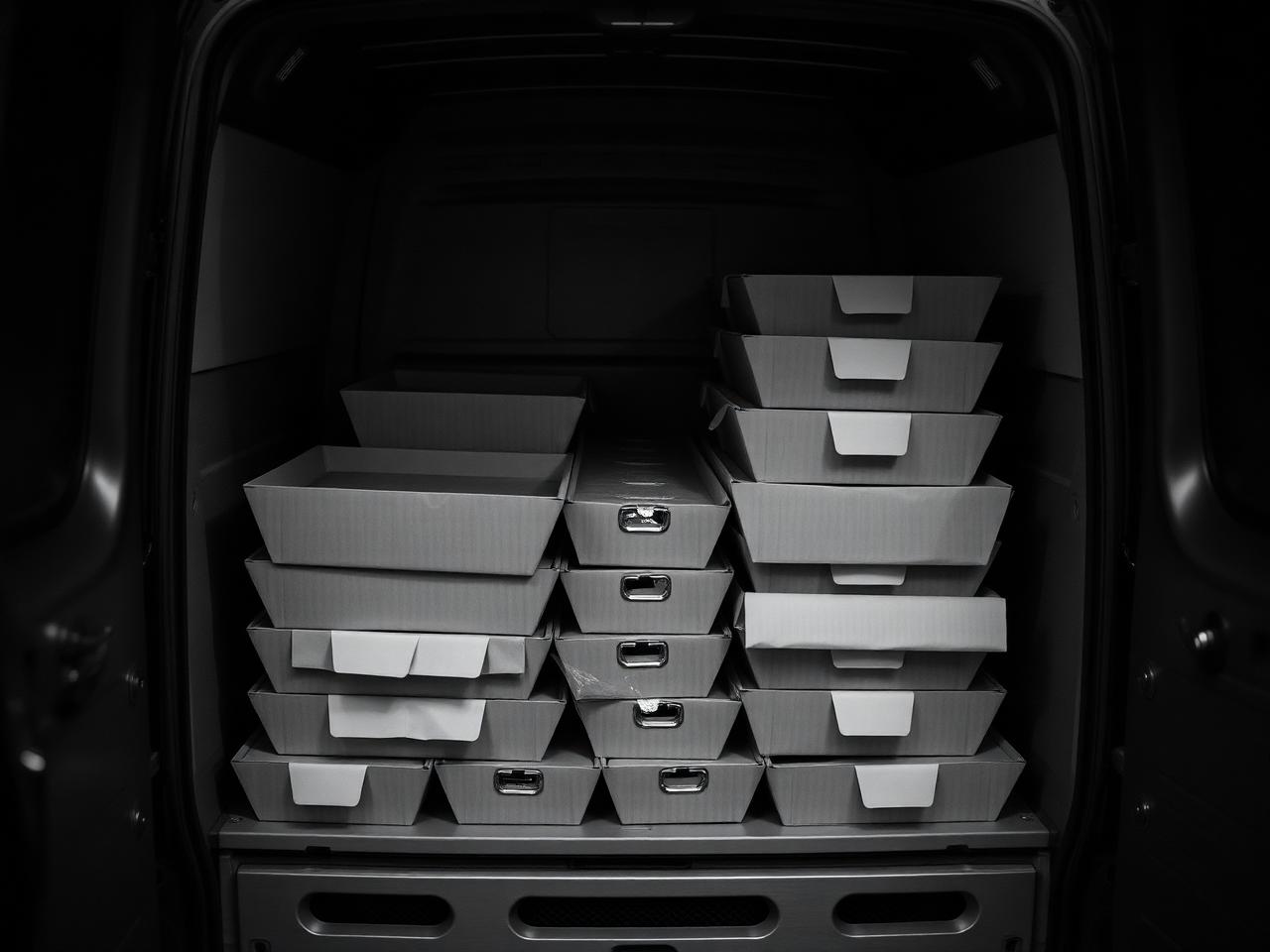 Hot boxed meals stacked in a delivery van